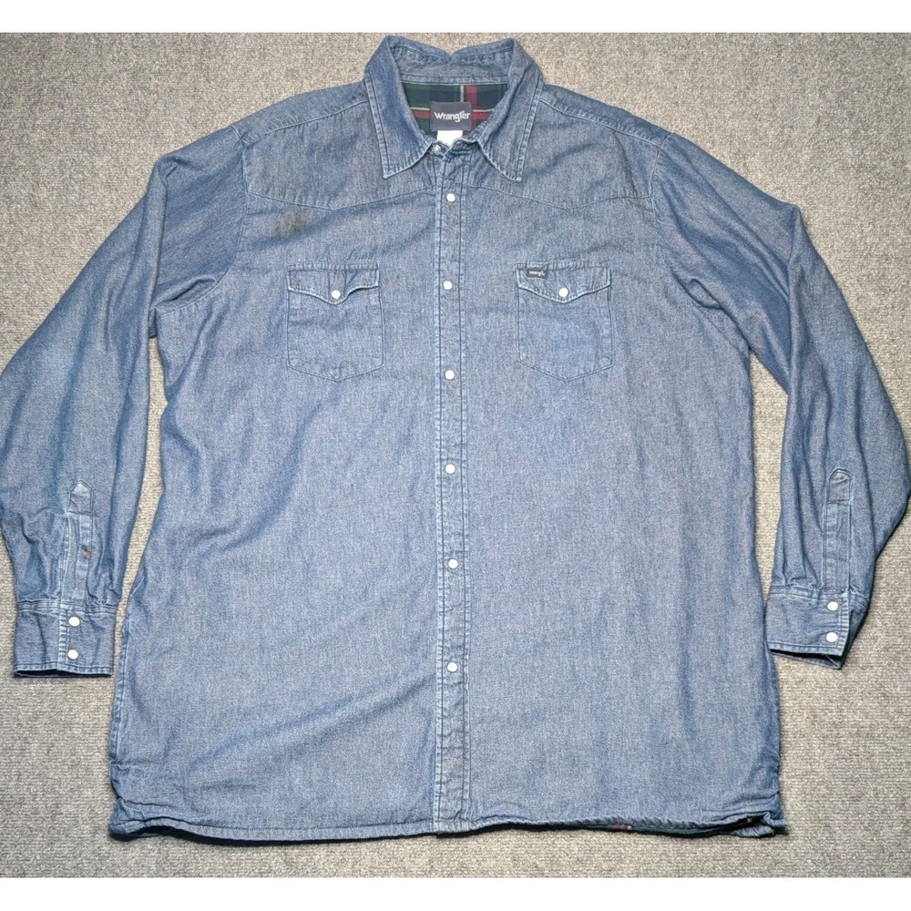 Vintage‎ Wrangler Denim Pearl Snap Flannel Lines Mens 3XL Tall READ Chore Jacket
